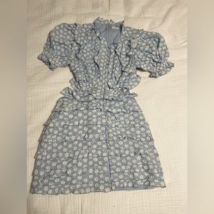 Sabo Skirt Luxe dress, back cut out, Light blue with White embroidery